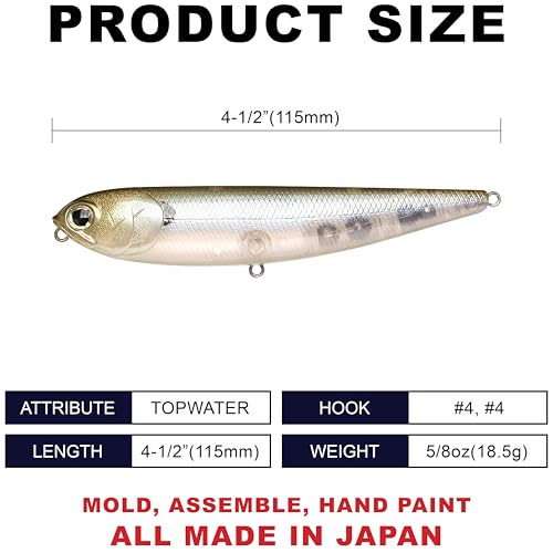 LUCKY CRAFT Sammy 115 Topwater Fishing Lures, 4.5" Midsized Surface Bait, Trout and Bass Lures, Walk-The-Dog Tournament Bait, Bass Fishing Gear - color: 238 Ghost Minnow
