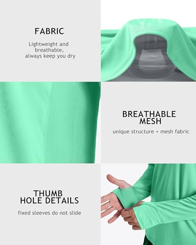Roadbox UPF 50+ Men's Hooded Fishing Shirts, Long Sleeve UV Sun Protection Hoodie Hiking Running Swim Rash Guard with Mask - color: Mint Green, size: Medium