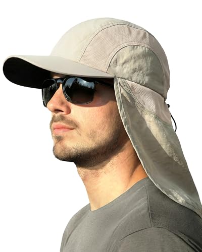 Mens Sun Hat with Breathable Mesh Sun Hats for Men Sun Protection Fishing Hat with Neck Flap for Hiking Cycling - color: Light Beige