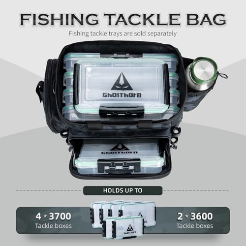 Ghosthorn Fishing Tackle Bag with Rod Holder Saltwater & Freshwater Resistant Large Tackle Box Bag - Waterproof Base, Adjustable Padded Shoulder Strap (Black Camouflage) - color: Black Camo-Waterproof Bottom, size: Large