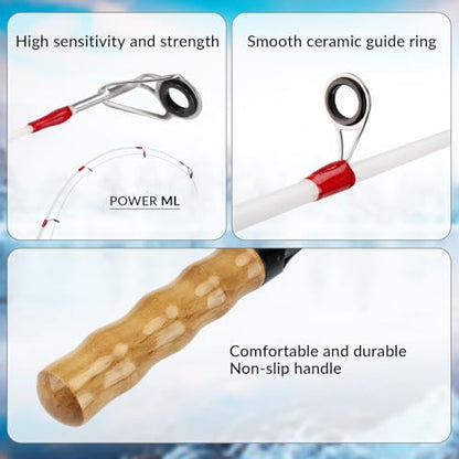 QualyQualy Ice Fishing Rod Reel Combo Complete Set Ice Fishing Gear with Backpack Seat Ice Cleats Ice Fishing Jigs Line Full Ice Fishing Kit 24" 26" - style: 24" Fishing Rod Combo 52pcs