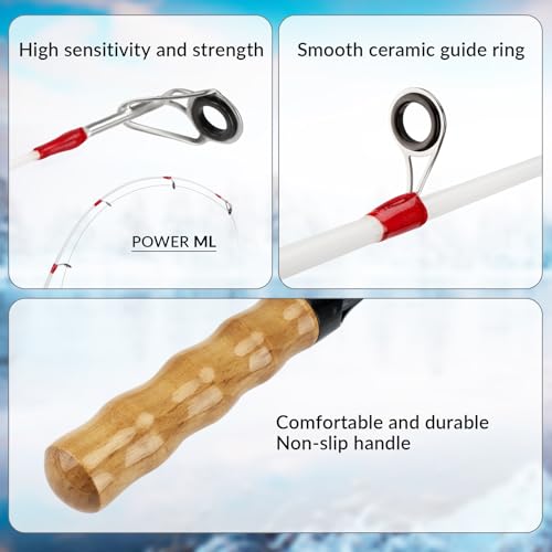 QualyQualy Ice Fishing Rod Reel Combo Complete Set Ice Fishing Gear with Backpack Seat Ice Cleats Ice Fishing Jigs Line Full Ice Fishing Kit 24" 26" - style: 24" Fishing Rod Combo 52pcs