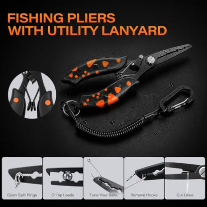 Fishing Tool Kit, Fishing Accessories with Fillet Knife, Fish Hook Remover, Fishing Pliers with Lanyard, Fish Lip Gripper, Fishing Braid Scissors, Tool Retractor
