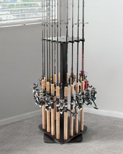 Ghosthorn Fishing Rod Holders for Garage 360 Degree Rotating Fishing Pole Rack, Floor Stand Holds up to 16 Rods Wood Fishing Gear Equipment Storage Organizer, Fishing Gifts for Men Women - style: black