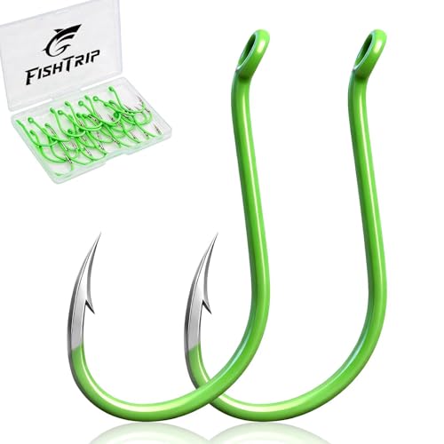 FishTrip 50 Pcs Octopus Fishing Hooks, Circle Hooks for Saltwater Fishing | Offset Beak High Carbon Steel Live Bait Fish Hooks Fluorescent Green Freshwater for Rigs Catfish, Bass Tuna, Walleye, Trout - size: 10#_50pcs
