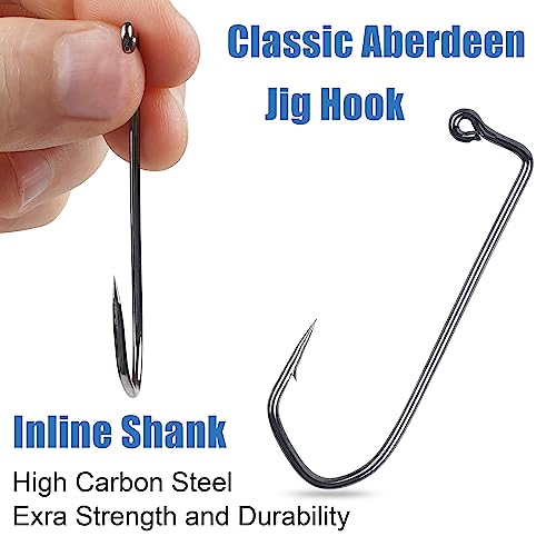 Aberdeen 150pcs 90 Degree Long Shank Forged Duratin Jig Hooks - Round Bend High Carbon Steel Barbarian Saltwater Fishing Kit 1/0-5/0