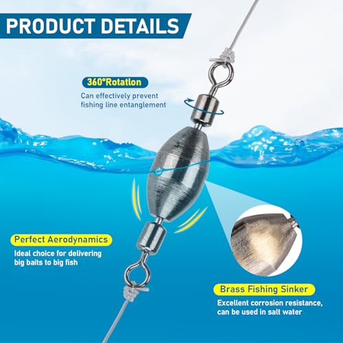 THKFISH Brass Fishing Sinker Swivel, 5 Size Trolling Sinkers Swivel Weights Quick Set Up Lead Fishing Sinker with Inner Swivel Rolling for Fishing Saltwater Freshwater,1/32-1/2 OZ - size: 1/2OZ-10PCS