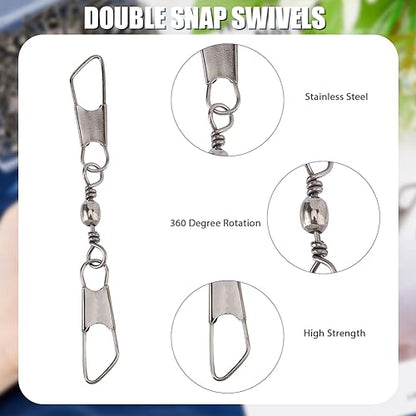 SUPERFINDINGS 30Pcs Double Fishing Snap Swivels Carbon Steel Fishing Rolling Bearing Connector Fishing Rolling Ball with Snap Connector Fishing Tackle Fishing Accessories, 89mm