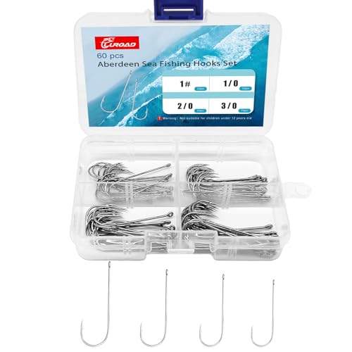 60pcs Aberdeen Sea Fishing Hooks, Large Barbed Aberdeen Hooks, Long Shank and Wide Gape Size 1#, 1/0, 2/0, 3/0, Light Fishing Hooks High Carbon Steel (60 Pcs, Mixed)