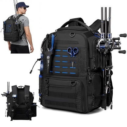Fishing Tackle Backpack with 2 Rod Holders, Multi-Pocket Tactical Bag with Bottle Holder, 50L Extra Large Fishing Bag for Fishing Gear and Equipment, Black - color: Black