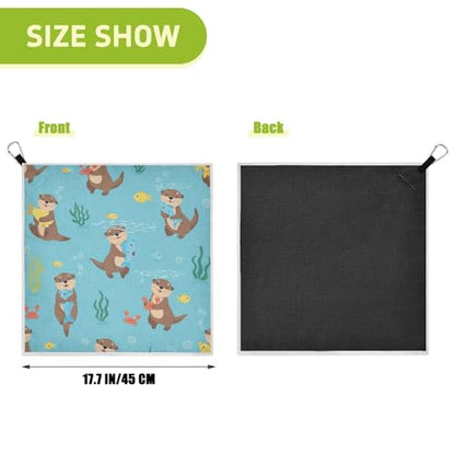 Otters Seaweed Fish Blue Pattern Magnetic Golf Towel for Golf Bags Microfiber Golf Essentials for Men Women with Carabiner Clip Attaches to Clubs and Carts, 17.7"x17.7"