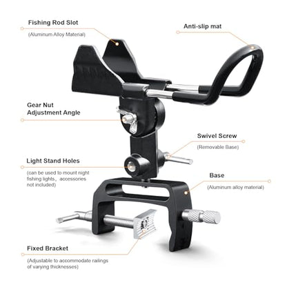 1/2 Pack Fishing Rod Holders for Boat, 360 Degree Adjustable Fishing Rod Holder with Enlarge Clamp, Aluminum Alloy, Suitable for Round /Square Tubular Hulls. - color: Rod Holder-2pack