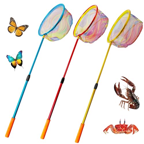 Fishing Net with Bucket Fishing or 3 Pack Retractable Lightweight Landing Net with Aluminum Rod Handle Kids Fishing Nets for Youth Catch and Release Butterfly Nets - color: 3Pack（Blue+red+yellow）