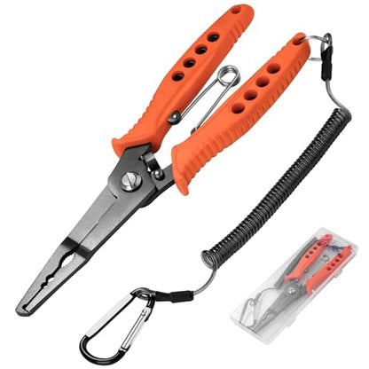 Fishing Pliers for Saltwater and Freshwater - Premium Stainless Steel Split Ring & Hook Remover with Wire Cutter, Non-Slip Handle, Spring Loaded- Must Have Bass/Boat/Kayak Fishing Gear (Orange) - color: Orange