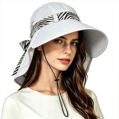 Solaris UPF 50+ Wide Brim Sun Hat for Women - Small Size Packable Lightweight, Floral Scarf Cooling Hat with Neck Flap - color: Silver Gray-round