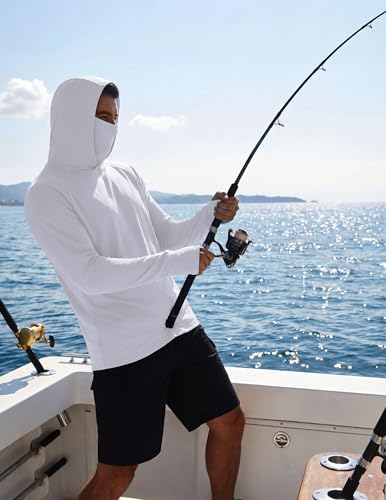 COOFANDY Mens UPF 50+ Sun Protection Hoodie with Mask Lightweight Long Sleeve SPF Fishing Shirts UV Hiking Running Rash Guard - color: White, size: Small