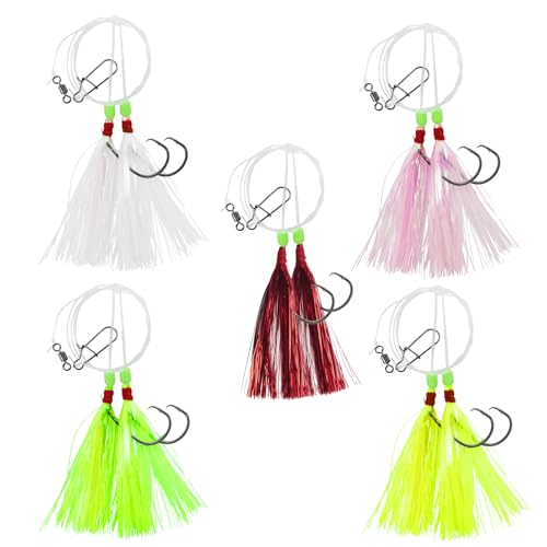 Eupheng Fluke Flounder Hi-Lo Rig, 3/0 5/0 5PCS Saltwater Fishing Bait Rigs with Mylar Teaser for Surf Ocean Fishing Sea Bass Halibut Rockfish Cod - size: Circle Hook-#5/0-5PCS