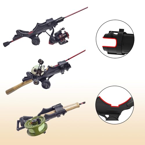 Aluminum Boat Fishing Rod Holder with V-Clamp Mount | 360-degree rotation, V-shaped clamp for round or square rails. Universal open cradle for spinning, casting and fly reels.