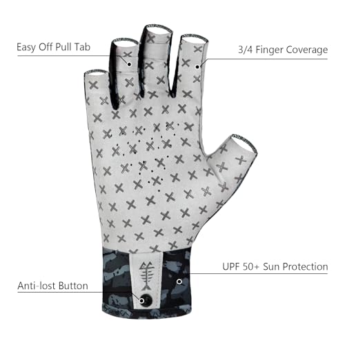 BASSDASH 3/4 Finger UPF 50+ Sun Gloves Breathable Anti-Slip Silicone Palm for Men Women Fishing Fingerless Cycling Running - color: Black Camo, size: Small