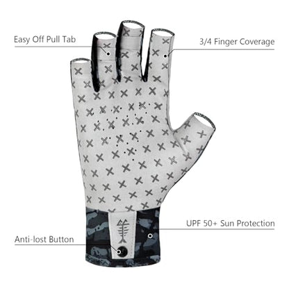 BASSDASH 3/4 Finger UPF 50+ Sun Gloves Breathable Anti-Slip Silicone Palm for Men Women Fishing Fingerless Cycling Running - color: Black Camo, size: Small