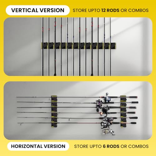 The Big Rod Rack 2 pack Vertical Fishing Rod Holder, Wall Mounted Fishing Rod Rack, Holds Up to 6 Rods or Combos up to 12 (Yellow) - color: Yellow