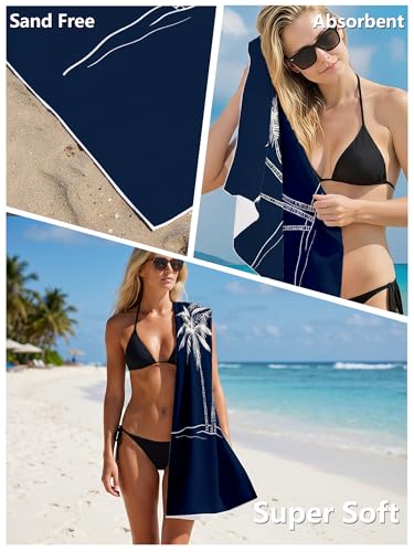 Tropical Navy Blue Palm Tree Beach Towel with Clips Set - Summer Nautical Coastal Large Sand Free Towel 30x60 Inch for Beach Camping Swim Pool Gym Sports & Yoga - color: Btowels02