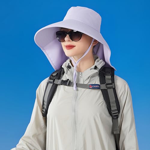 HUAMULAN Men Summer Sun Hat Women Safari Wide Brim Fishing Hats UV Protection Neck Flap Bucket Gardening Hiking Hunting Cap - color: Bg8112-lightpurple