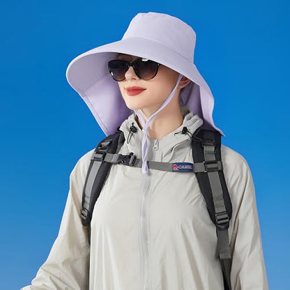 HUAMULAN Men Summer Sun Hat Women Safari Wide Brim Fishing Hats UV Protection Neck Flap Bucket Gardening Hiking Hunting Cap - color: Bg8112-lightpurple