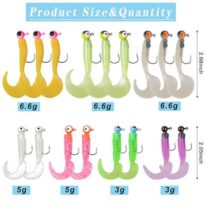 Soft Plastic Fishing Lure Jig Head Hook Kit,Grub Worm Lures Crappie Jigs Head Grub Tail Swimbait Tube Bait Jigs for Saltwater Freshwater, Trout Crappie Fishing - color: 17PCS Sets (2 Packs)