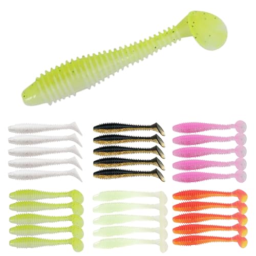 Eupheng 2.5inch/3inch Paddle Tail Swimbaits, T-Tail Ribbed Soft Plastic Fishing Lures for Bass Trout Crappie Walleye Saltwater Freshwater Fishing - size: 3 inch - 30 PCS