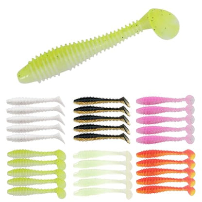 Eupheng 2.5inch/3inch Paddle Tail Swimbaits, T-Tail Ribbed Soft Plastic Fishing Lures for Bass Trout Crappie Walleye Saltwater Freshwater Fishing - size: 3 inch - 30 PCS