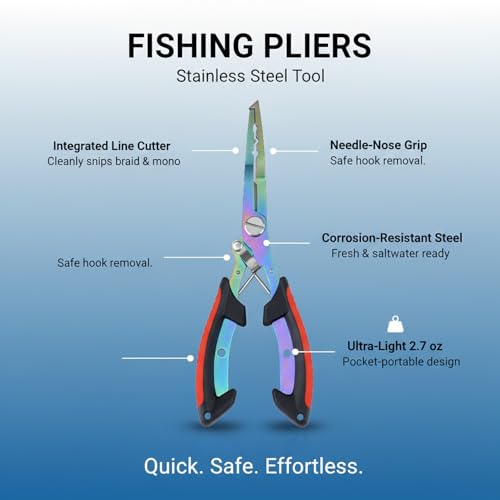 Stainless Steel Fishing Pliers with Line Cutter, Corrosion Resistant Tool for Saltwater & Freshwater Angling, Red Handle