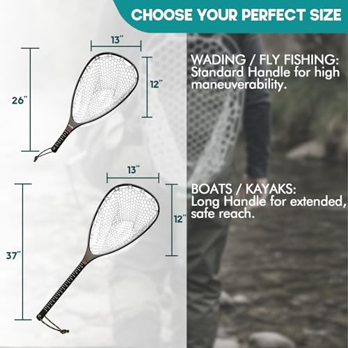 Riverruns Fly Fishing Landing Net Carbon Fiber Trout Net with Measurement Handle, Soft Rubber Mesh - 26" Standard (Wading) / 37" Long (Kayak) - color: 37" Kayak Net (Long) - Black Carbon
