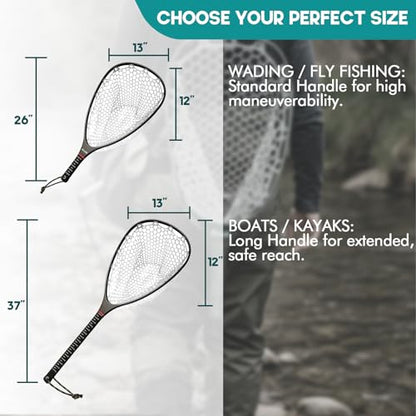Riverruns Fly Fishing Landing Net Carbon Fiber Trout Net with Measurement Handle, Soft Rubber Mesh - 26" Standard (Wading) / 37" Long (Kayak) - color: 37" Kayak Net (Long) - Black Carbon