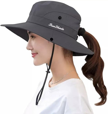 Sun Hat for Women Summer UV Protection Beach Hat Wide Brim Mesh Bucket Fishing Hat with Ponytail Hole Foldable Packable Hat - color: Grey(with Ponytail Hole)