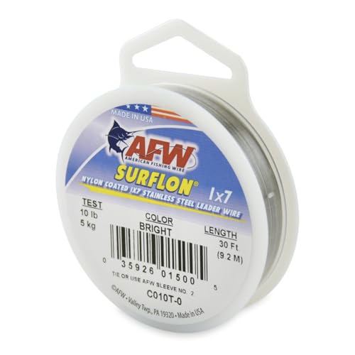 American Fishing Wire Surflon Nylon Coated 1x7 Stainless Steel Wire Leader - Wire Fishing Leader Line for Saltwater 10lb Up To 250lb Test in Bright, Black, Camo in 30ft, 100ft, 300ft, & 1000ft Lengths - color: Bright, style: 30 Feet, 10 Pound Test