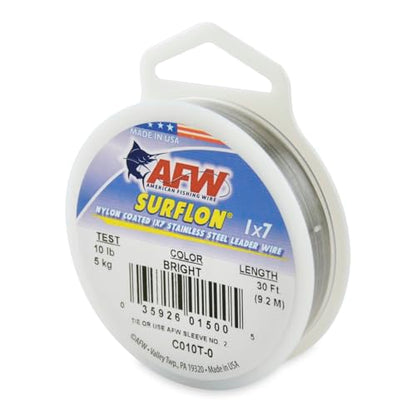 American Fishing Wire Surflon Nylon Coated 1x7 Stainless Steel Wire Leader - Wire Fishing Leader Line for Saltwater 10lb Up To 250lb Test in Bright, Black, Camo in 30ft, 100ft, 300ft, & 1000ft Lengths - color: Bright, style: 30 Feet, 10 Pound Test