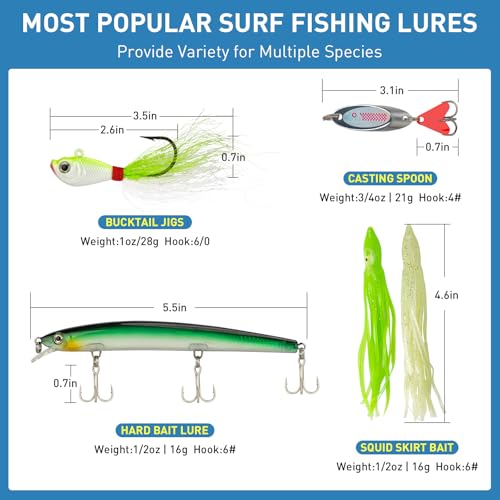 THKFISH Surf Fishing Tackle Kit, Saltwater Gear Set Saltwater Fishing Lures Fishing Bait Rigs Crankbait Spoon Bucktail Jigs Pyramid Sinkers Fishing Hooks Swivels,Perfect Fisherman's Gift