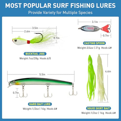 THKFISH Surf Fishing Tackle Kit, Saltwater Gear Set Saltwater Fishing Lures Fishing Bait Rigs Crankbait Spoon Bucktail Jigs Pyramid Sinkers Fishing Hooks Swivels,Perfect Fisherman's Gift