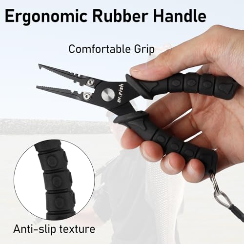 Dr.Fish Fishing Split Ring Pliers Fish Lip Gripper Hook Remover Black | Freshwater & Saltwater Fishing Tools: 420 Stainless Steel Lip Gripper Hook Remover with PVC Handle, Lanyards and Sheath - color: Black-6"