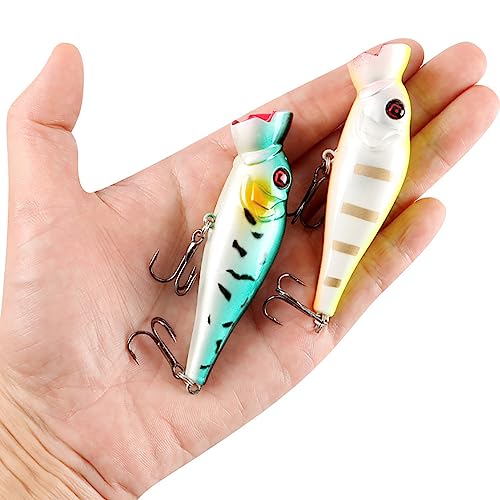 Popper Fishing Lures Topwater Fishing Baits Hard Baits 3D Eyes Swimbait Crankbait with Treble Hook for Bass Trout Freshwater Saltwater - color: 6pcs-3.3in/0.41oz