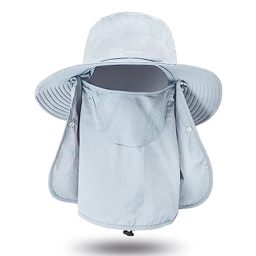 Sun Hat for Men Women, Summer UV Sun Protection Wide Brim Fishing Hat for Men with Face Cover & Neck for Hiking - color: Light Grey(with Face Cover & Neck Flap)