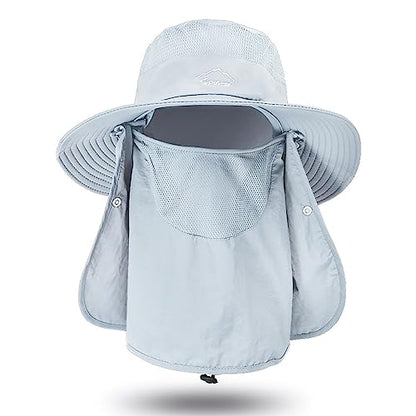Sun Hat for Men Women, Summer UV Sun Protection Wide Brim Fishing Hat for Men with Face Cover & Neck for Hiking - color: Light Grey(with Face Cover & Neck Flap)