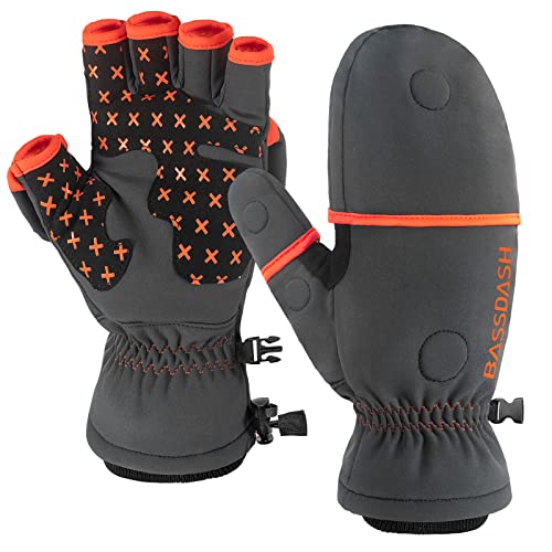 BASSDASH WinteFlex Insulated Ice Fishing Mittens Cold Weather Fingerless Gloves Water Resistant for Men Women Hunting - color: Grey/Black, size: Small