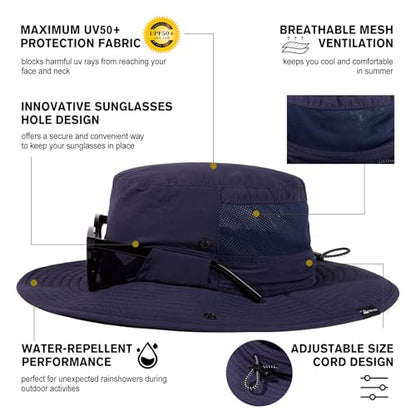 TOP-EX UVCoolix™ UV Protection Mens Sun Hat with Cooling Neck Flap Sunglass Lock Wide Brim Fishing Hats - color: Navy Blue, size: Medium-Large
