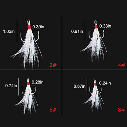 20Pcs Treble Fishing Hooks with Feather Size Stainless Steel Barbed Sharp Triple Fishhook with Box for Saltwater Freshwater - color: 20pcs-White Feather, size: 10#