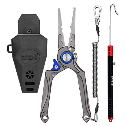 SAMSFX Fishing Pliers, Muti-Function Fly Fishing Tools, 8" Saltwater Resistant Gear Hook Remover Split Ring Tungsten Cutters, with Lanyard & Sheath - color: Blue Fishing Pliers with Dehooker