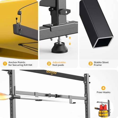 Bonnlo Kayak Storage Rack, Adjustable Heavy Duty Kayak Rack for Kayaks Paddle Boards, Kayak Paddle Holder for Garage, Spacesaver, Gentle on Padding, Boat Organizer - style: 2 Kayaks, Free Standing