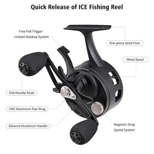 Ice Fishing Reel, 3.2:1 Gear Ratio Ultra Smooth 3+1 Ball Bearings and Magnetic Drop System, Aluminum Alloy Fishing Reel for Ice Fishing and Winter Angling - color: Black-Left