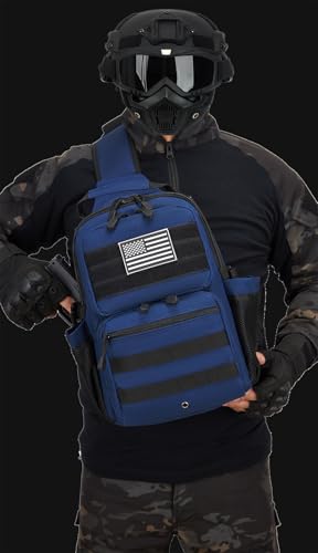 Tactical Sling Backpack Holster Range Shoulder Bag 15L Crossbody Bag Water Bottle Holder Radio Pouch 6 Elastic Slots - color: Navy Blue